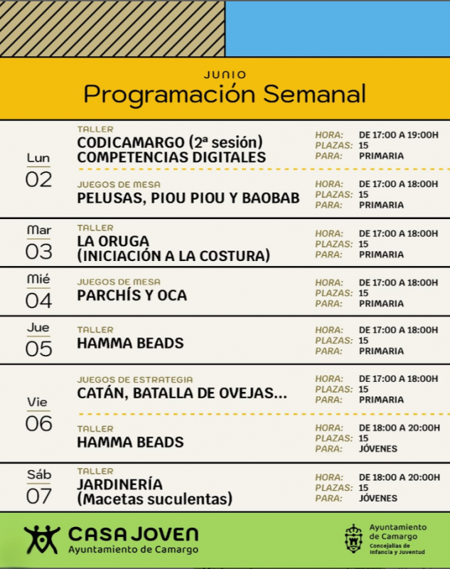 Cartel sobre los talleres para jovenes en la semana del 2 al 7 de junio