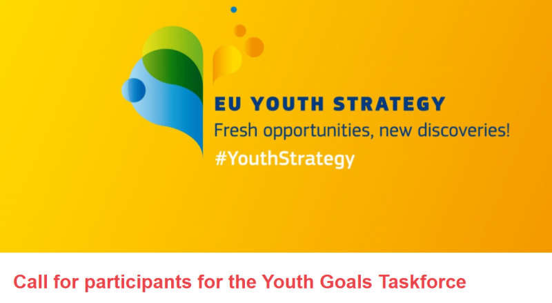 cartel amarillo con texto azul y logo con forma similar a gotas de agua al revés superpuestas de colores azul, verde y amarillo