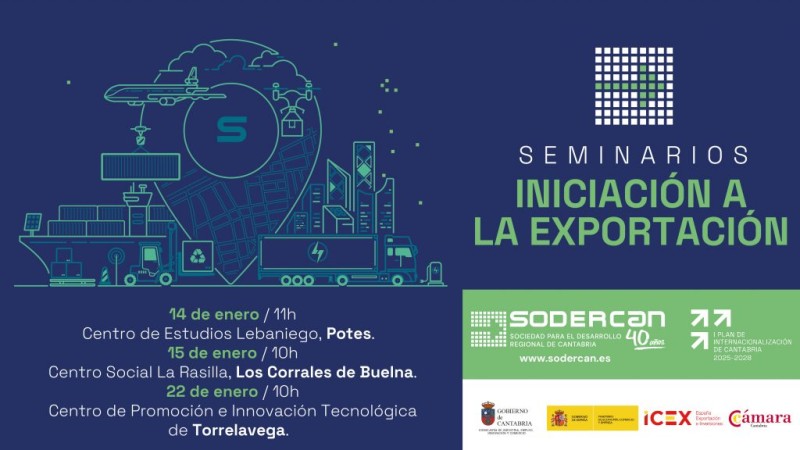 Cartel de los seminarios de iniciación a la exportación en Potes, Corrales y Torrelavega, para la exportación