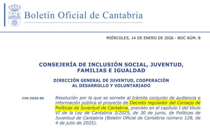 portada BOC Decreto regulador del Consejo de Políticas de Juventud de Cantabria