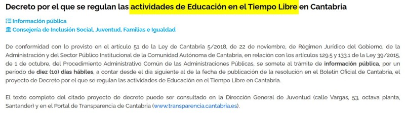 Decreto por el que se regulan las instalaciones de Educación en el Tiempo Libre en Cantabria