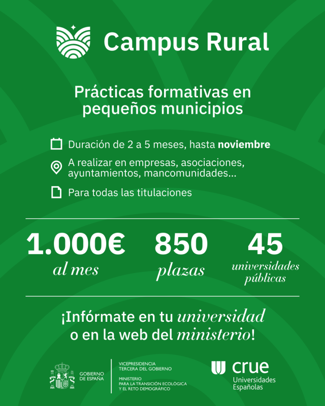 Cartel del programa: Prácticas para universitarios remuneradas en empresas y municipios rurales.