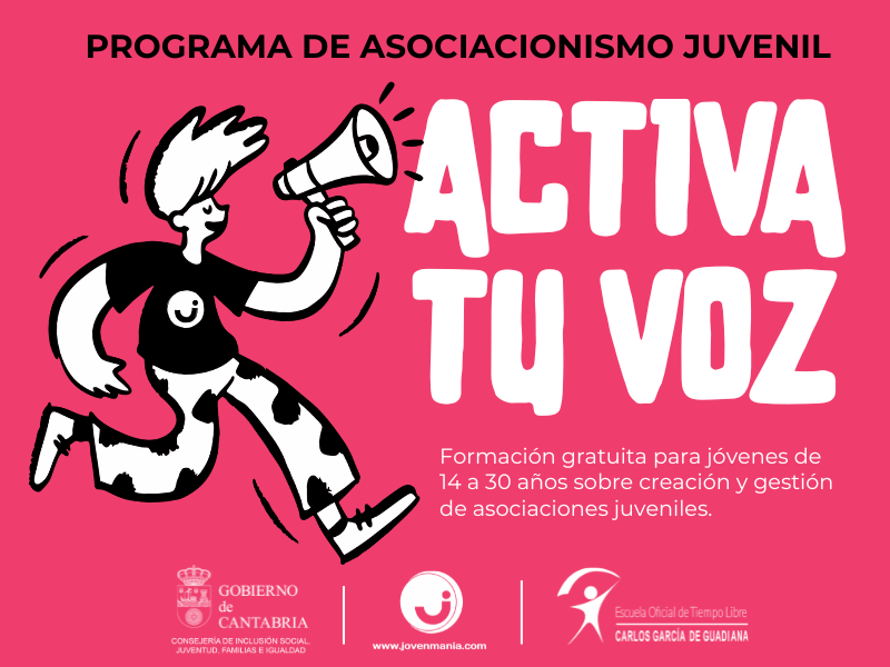 Ilustraci&oacute;n de Joven con meg&aacute;fono y titulo del programa "Activa tu voz"
