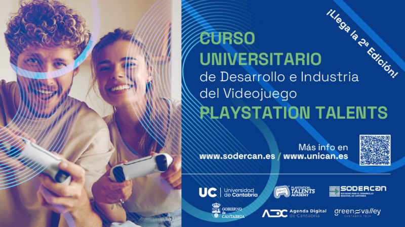 Cartel en tonos azules con imagen de un chico rubio de rizos y una chica rubia con coleta con mandos de videojuego en la mano jugando sonrientes