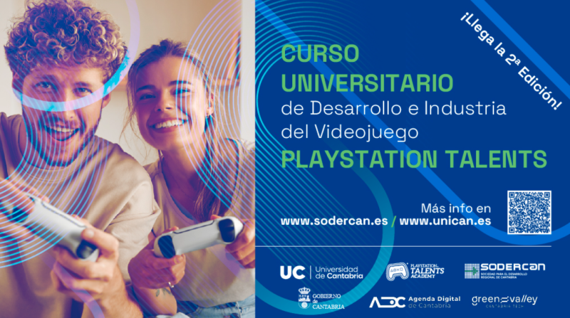 Cartel con chico y chica j&oacute;venes en mitad derecha, y resto fondo azul con titulo curso, QR y 6 logos