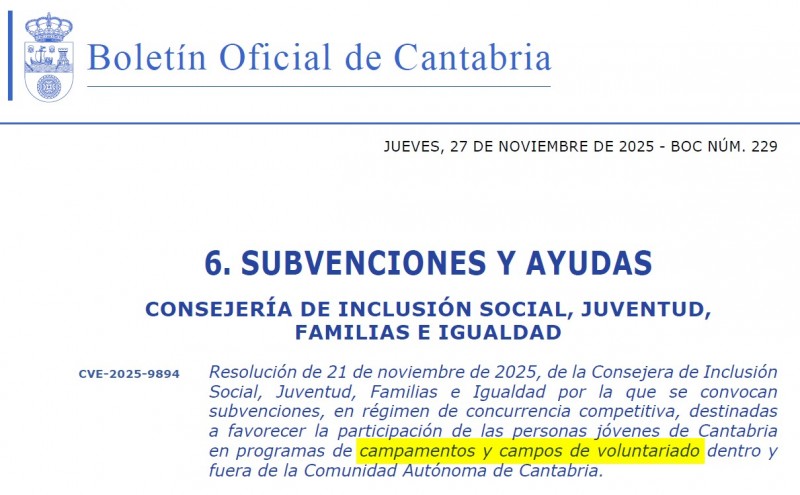 orden boc Subvenciones destinadas a la participación de las personas jóvenes de Cantabria en Campamentos y Campos de Voluntariado