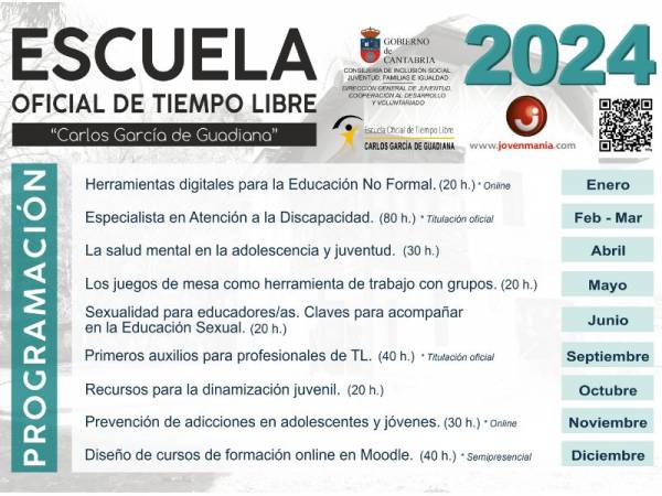 Cartel con los títulos de los nuevos cursos de la programación 2024 con logotipos oficiales del Gobierno de Cantabria y de jovenmania