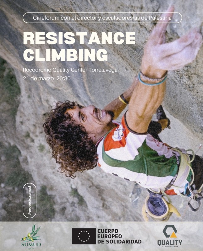 cartel del documenta Resistance Climbing con un escalador en una pared de roca