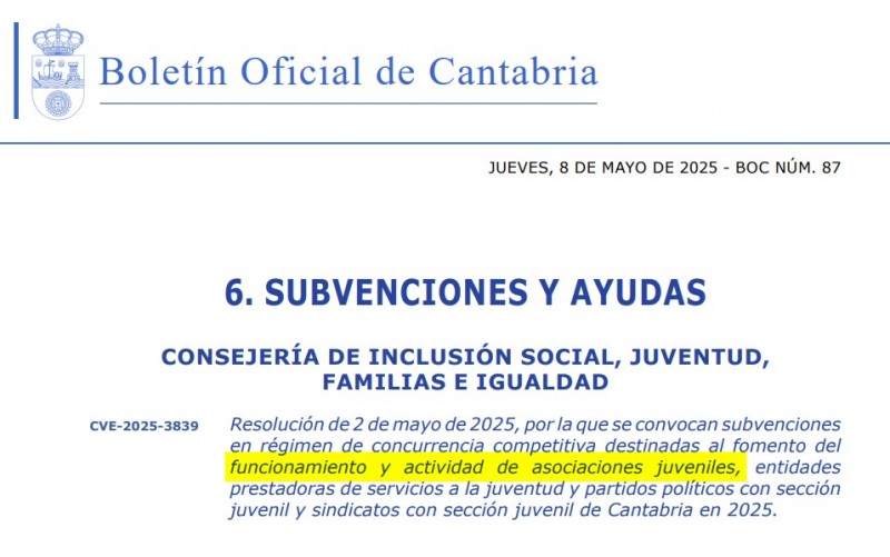 BOC Subvención para el fomento de la actividad y funcionamiento de Asociaciones Juveniles