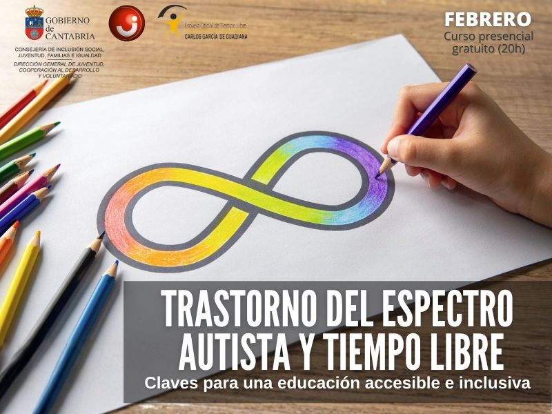 Título del curso sobre imagen de una Mano infantil pintando con colores el logo del Trastorno del Espectro Autista en un papel