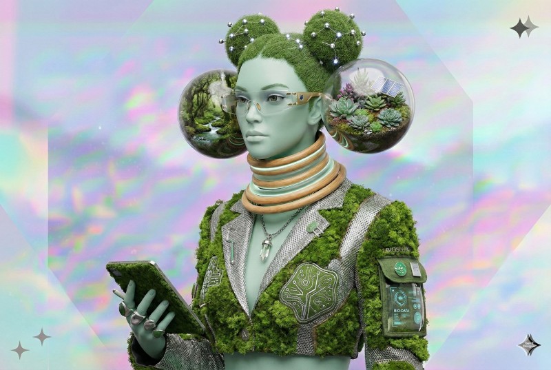 chica futurista con ropa y pelo de musgo con dos moños 