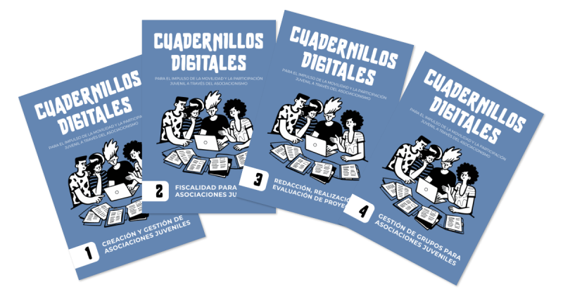 Portada de los cuadernillos, grupo de j&oacute;venes al ordenador