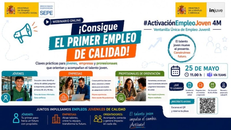 cartel promocional con fondo blanco y texto en azules y naranja, un megáfono del que sale el título