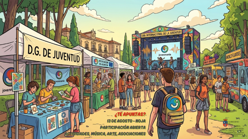dibujo de jovenes en una feria por el 'Día Internacional de la Juventud'