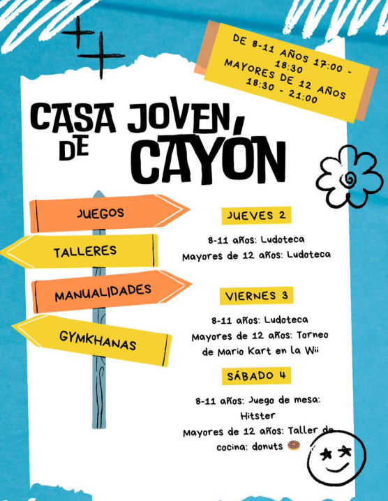 Cayón cartel promocional con horarios de las actividades