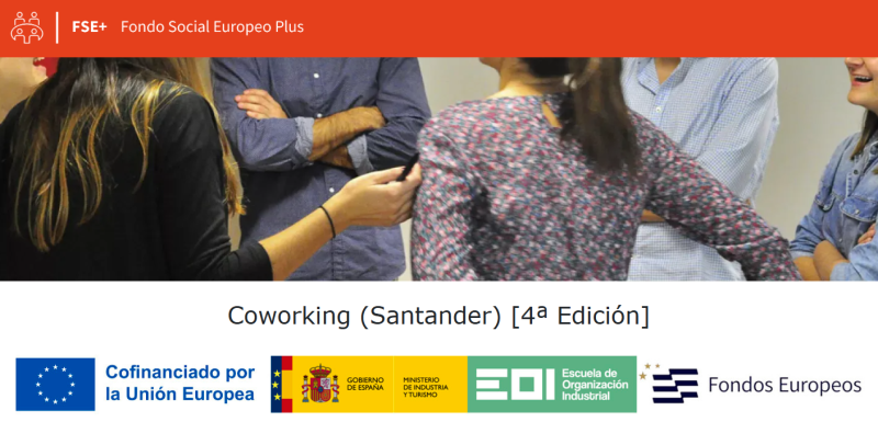Sobre imagen grupo gente joven, titulo Coworking Santander y logos: UE, Gob. de Espa&ntilde;a, EOI y Fondos Europeos