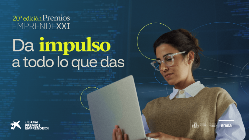 cartel de fondo oscuro con chica con moño y gafas transparentes sujetando portátil plateado en una mano mientras lo mira
