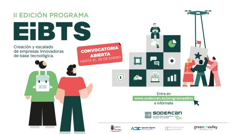 Cartel promocional del programa con fondo blanco y bibujos y texto en verde y rojo. Dos monigotes en primer plano mirando a otros 4 que vuelan dron