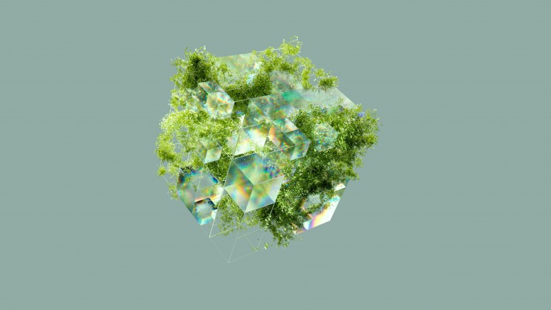 forma verde geométrica con texturas, recuerda a un cubo geométrico