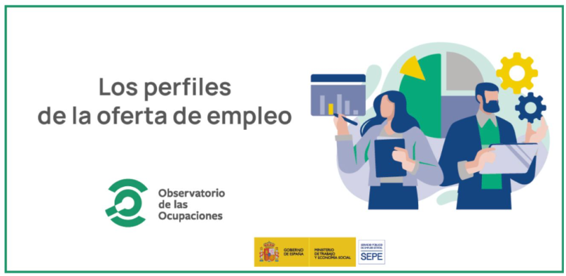 Sobre fondo blanco: Los perfiles de la oferta de empleo. Observatorio de las ocupaciones. Logo SEPE, dibujo chica y chico, gráficos, herramientas, etc