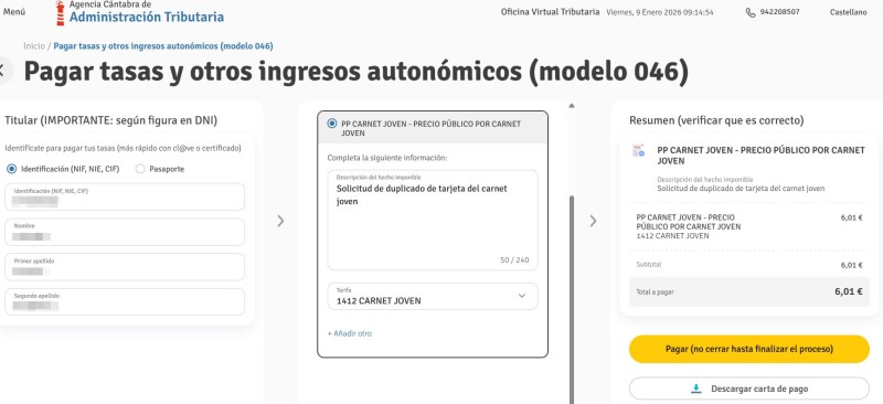 MODELO 046 PARA EL PAGO DEL DUPLICADO  CARNET JOVEN