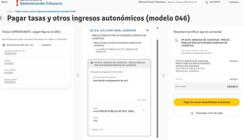 MODELO 046 para el pago de actividades y campamentos