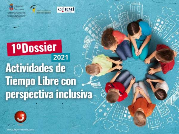 portada azul del 2º dossier de actividades inclusivas imagen desde arriba de unos niños sentados