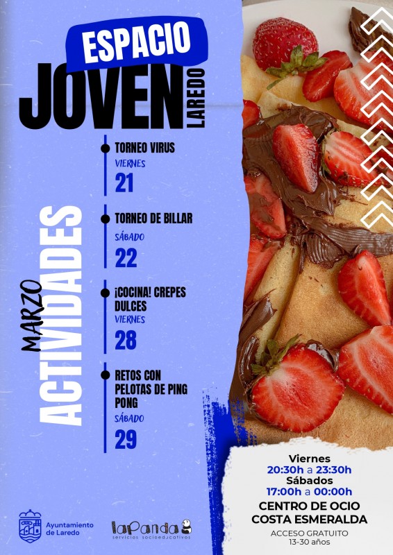 ESPACIO JOVEN LAREDO. Viernbes, 21 Toreno de Virus. Sábado 22, Torneo de Billar. Viernes 28, Cocina: Crepes dulces. sábado 29, Retos  Ping Pong