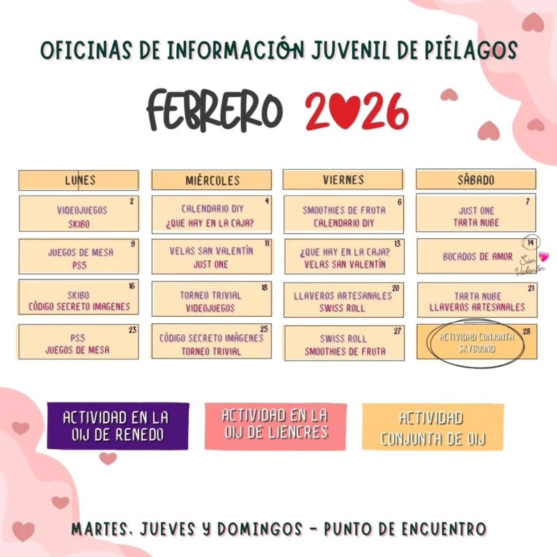 Cartel completo de la programaicón de actividades y talleres de febrero en Piélagos