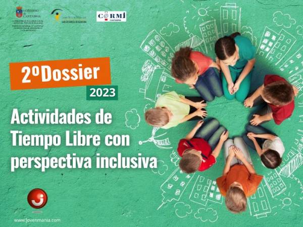 portada verde del 2º dossier de actividades inclusivas imagen desde arriba de unos niños sentados